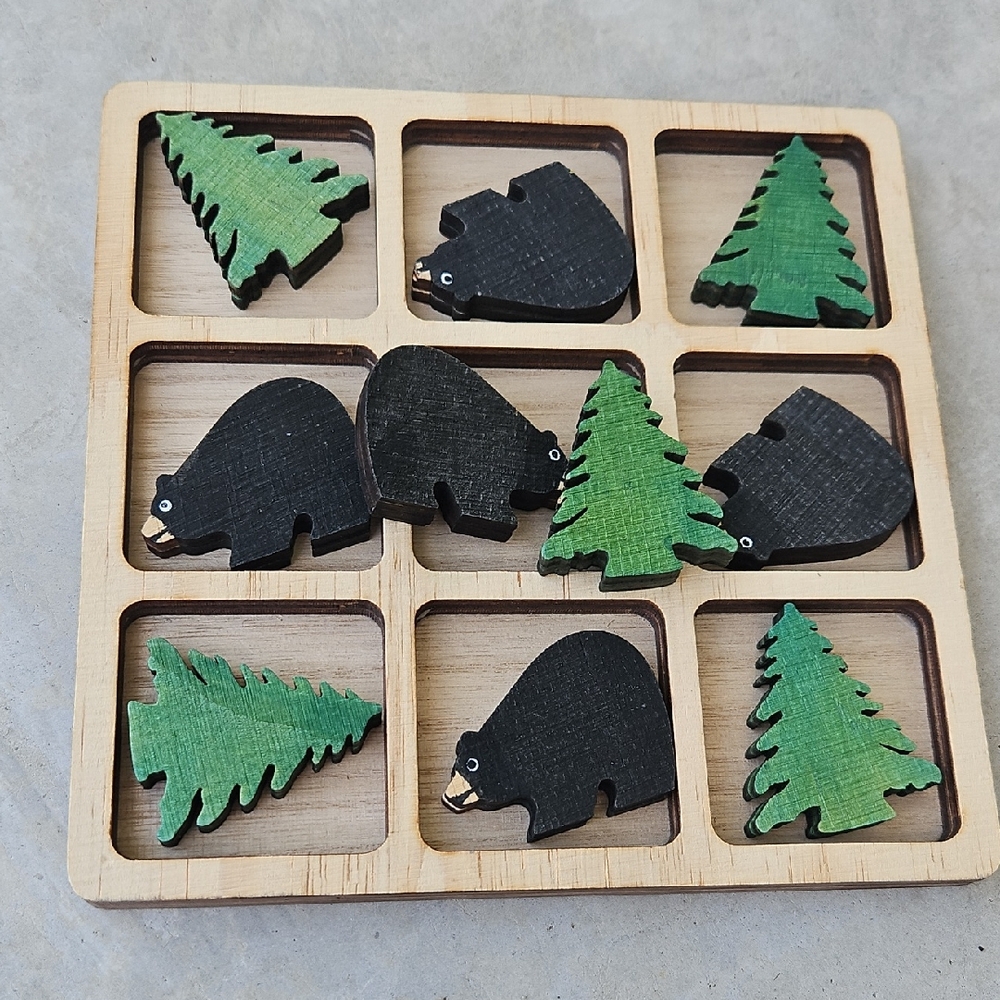 Wooden Bear and Tree Tic-Tac-Toe Game